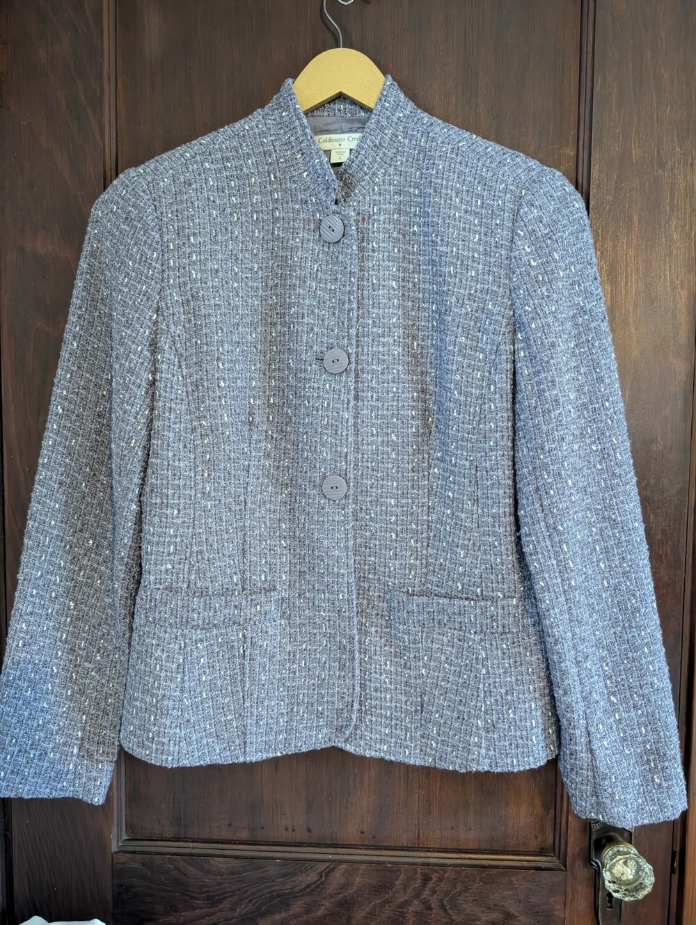 Coldwater Creek Womens 8 Purple Textured Tweed Jacket Stand Collar Blazer
